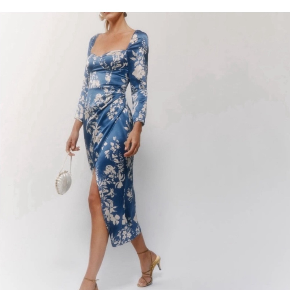 Reformation Gloriana blue and white floral silk dress size 8